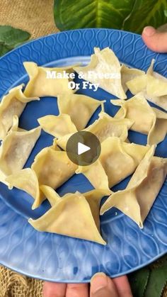 a blue plate topped with dumplings on top of a table