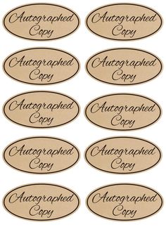 six oval labels with the words autographed copy on them