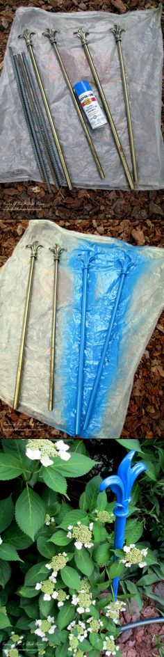 there are three different types of umbrellas in the grass and one has blue handles