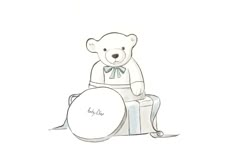 a drawing of a teddy bear sitting on top of a gift box with a drum