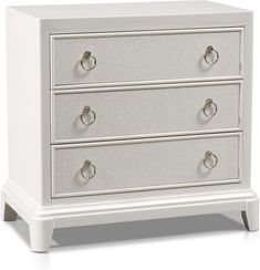 a white dresser with three drawers and two handles