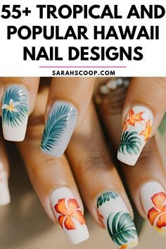 Hawaii Nail Art Designs, Tropical Leaves Nail Designs, Hawai’i Nails, Hawaiian Nail Art Tropical, Island Vacation Nail Ideas, Plumeria Nail Art, Hawaii Wedding Nails, Turtle Design Nails, Tropical Gel Nail Designs