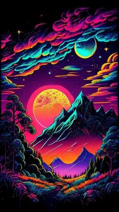 an image of mountains and trees with the moon in the sky above them at night