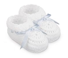 Newborn baby crib shoes hand crocheted with soft cotton and accented with a satin ribbon. Ribbon is adjustable and helps keeps crochet booties on tiny feet. Pretty and soft makes these easy to pair with all newborn outfits. Perfect for baby showers, newborn photo shoots, family portraits and to keep as a keepsake. Hand crocheted crib shoes with satin ribbon Crocheted with soft durable cotton Perfect gift for baby showers Comes in a clear box for easy gifting 100% Cotton Imported 1 Pair Crochet Crib, Crochet Ribbon, Baby Boy Booties, Newborn Shoes, Crochet Booties, Crochet Baby Booties, Crochet Diy, Crochet Shoes