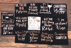 some black and white pictures on a wooden wall with words written in different languages around them