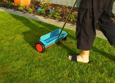 a person standing in the grass with a lawn mower and small blue toy car