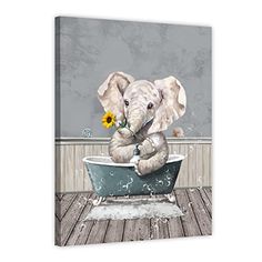 an elephant sitting in a bathtub holding a flower