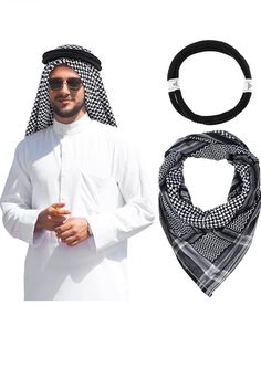 Men Large Arab Shemagh Turban Bandana Headscarf Breathable Soft Muslim Hijab Headband Shawl Keffiyeh Arabic Head Neck Scarf Head-cover  white and black turban  you will receive 1 Arabian men's hijab and 1 black headband, which are made of polyester, and hand wash is recommended. Mens Headscarf, Men’s Head Wrap, Arabic Scarf Style Men, Dubai Headscarf, Arab Head Scarf, Muslim Beard, Saudi Arabia Head Scarf, Dubai Style, Muslim Hijab