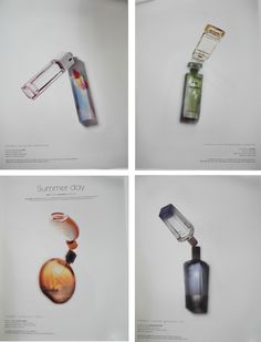 four different images of perfume bottles with the same bottle being opened to reveal it's contents