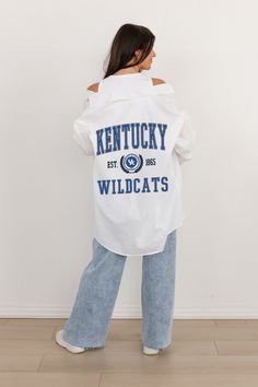 Elevate your game-day look with our Kentucky Wildcats White Button-Down Collared Top featuring a vintage team logo. This classic, crisp shirt offers a polished yet sporty style, perfect for showing your team pride in a timeless, sophisticated way. Ideal for any occasion, from casual outings to game-day celebrations. Madi Prewett, Mississippi State Bulldogs, Ole Miss Rebels, Collared Top, Nebraska Cornhuskers, Arkansas Razorbacks, Oklahoma Sooners, Mississippi State, Ole Miss