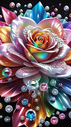 an image of a flower with many jewels on the petals and in the middle it is surrounded by diamonds