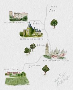 a watercolor map showing the locations of wineries in france and where they are located