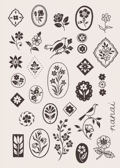 an assortment of flowers and birds in black ink on a white paper with the word love written