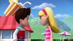 a cartoon boy and girl standing next to each other in front of a small building