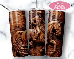 three stainless steel tumblers with the image of a man riding a horse on them