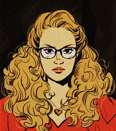 a drawing of a woman with glasses and curly hair, wearing a red shirt in the dark