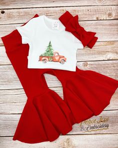 Christmas Red Truck with Tree Bell Bottom Outfit, Farm Christmas Day Toddler Set, Holiday Red Tractor Baby Bell Bottoms, Toddler Bellbottoms BOW #1 is a headband.  BOW #2 is a wide head wrap style headband.  PROCESSING TIME IS 1 Week FROM DATE OF PURCHASE. Processing time does not include shipping which is an additional 3-5 business days.   If needed sooner a rush upgrade can be chosen during checkout, please message me first.   The shirt is boutique quality and is very soft. These are vinyl des Fitted Red Set For Holidays, Fitted Bottoms For Christmas Holiday, Red Cotton Holiday Set, Festive Red Holiday Sets, Festive Red Holiday Set, Holiday Festive Red Set, Red Bottoms For Christmas Holiday, Festive Fitted Red Bottoms, Red Cotton Holiday Bottoms