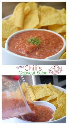 two pictures showing different types of salsa and chips