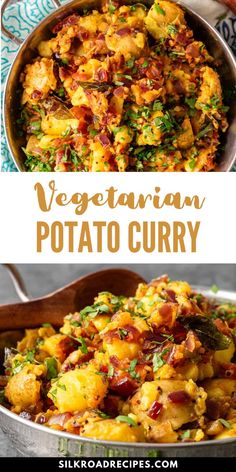 two pictures with different types of food in them and the words vegetarian potato curry on top