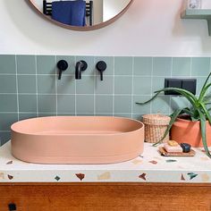 a bathroom sink sitting under a round mirror next to a potted aloen