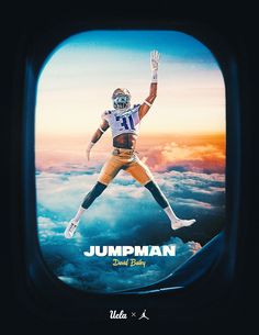 an advertisement for the football team jumping in the air with his hands up and feet out