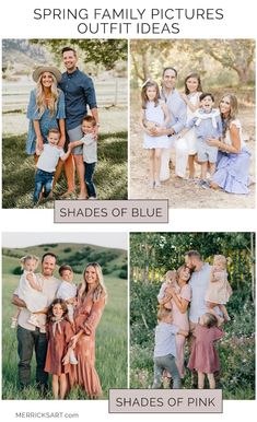 an image of family pictures with the words shades of pink in white and blue on it