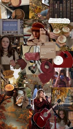 the collage shows many different pictures and words in one photo, including books, coffee cups, hats, and other items