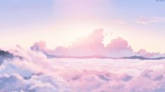 the sky is filled with fluffy clouds as the sun shines in the distance behind them