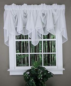 a potted plant in front of a window with white ruffles on it