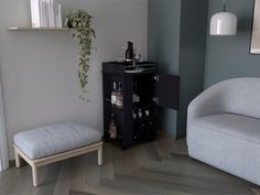 a living room filled with furniture and a plant on top of a shelf next to a chair