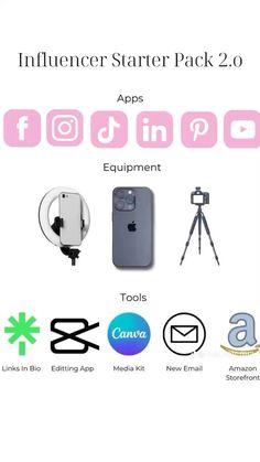 an advertisement for the iphone app with different items on it, including camera and tripod