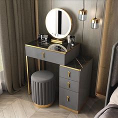 a dressing table with a mirror and stool