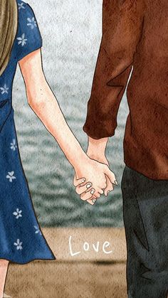 an illustration of a couple holding hands with the words love written on it and water in the background