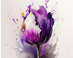 a watercolor painting of a purple flower