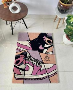 a pink rug with an image of a person on it