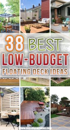 Best Low Budget Floating Deck Ideas. Add a low-budget floating deck to your backyard and create the perfect relaxation oasis for your family and guests. Inspire yourself with these cheap DIY floating deck projects. #decorhomeideas No Deck Patio Ideas, Outdoor Oasis Backyard On A Budget, Diy Deck Patio, Low Wooden Deck, Low Cost Outdoor Patio Ideas, Floating Decks Backyard Ground Level, Patio Decks On A Budget, Decorate Deck On A Budget, 10 X 10 Deck Ideas