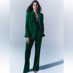 Double Breasted Buttoned Blazer Simply Beautiful Zara Suits, Zara Jumpsuit, Green Trousers, Suit Pant, Polyester Pants, Fitted Trousers, Zara Pants, Double Breasted Blazer, Womens Clothing Stores