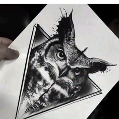 an owl is shown in the middle of a triangle with paint splattered on it