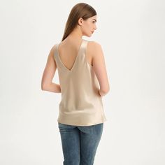 Front And Rear V-neck Women's Silk Tank Top 100% Mulberry Silk Sleevel – slipintosoft Sleek V-neck Top For Summer, Silk V-neck Tank Top, Silk Cami Top With Built-in Bra, Silk Tank Top With Built-in Bra For Spring, Chic Viscose V-neck Tank Top, Elegant Summer V-neck Camisole, Feminine Silk V-neck Camisole, Sleek Silk V-neck Camisole, Feminine Silk Sleeveless Tank Top