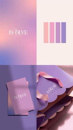 the logo for evolive is shown in three different colors and font options, including pink