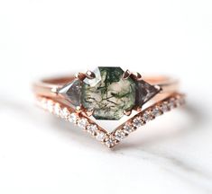 Sasha Octagon Moss Agate Ring with Diamond Band – Capucinne Salt Pepper Diamond, Moss Agate Engagement Ring, Triangle Diamond, Agate Engagement Ring, Moss Agate Ring, Buying An Engagement Ring, Alexandrite Ring, Gold Gemstone Ring, Agate Ring