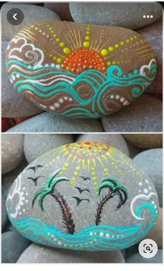 some rocks painted with different colors and designs