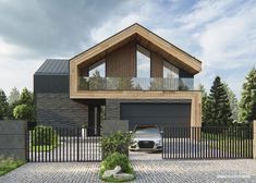 a car is parked in front of a house with a black fence and wooden roof