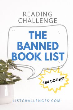 the banner book list for reading challenge is displayed in front of a white vase with green plants