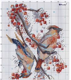 the cross stitch pattern shows two birds on a branch with red flowers and branches in the background