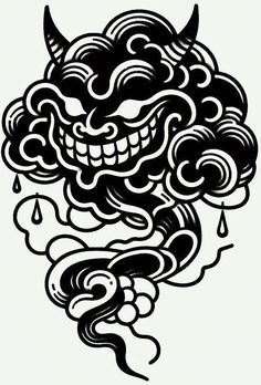 a black and white drawing of a demon head with clouds in the sky above it