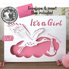 a pink stork with its baby's name on it is in the middle of a card