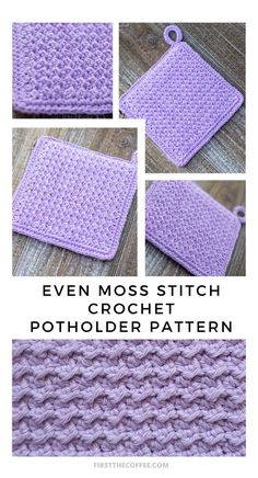 the crochet pattern for an even moss stitch potholder is shown in three different stages