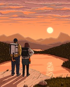 two people with backpacks looking at the sunset over a lake and mountains in the distance