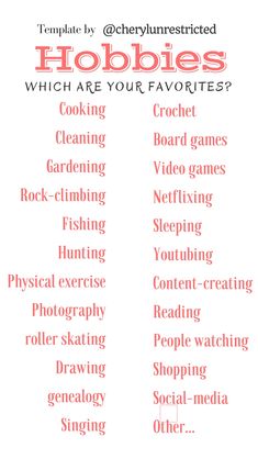 the words hobbies which are your favorites in red and pink on a white background